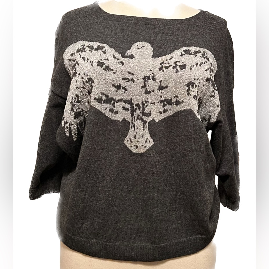Koch Cashmere Wool Dolman Sleeve Gray Thunderbird Eagle Bird Sweater Usa Small